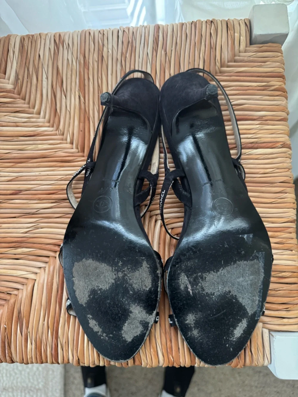 CHANEL Black Suede Logo Strap Slingback Heels - Picture 2 of 4